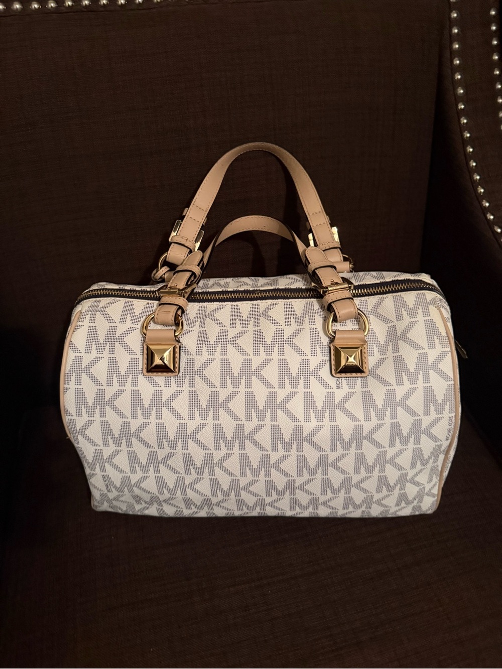 Michael Kors White Logo Satchel with Tan Trim and Gold Hardware